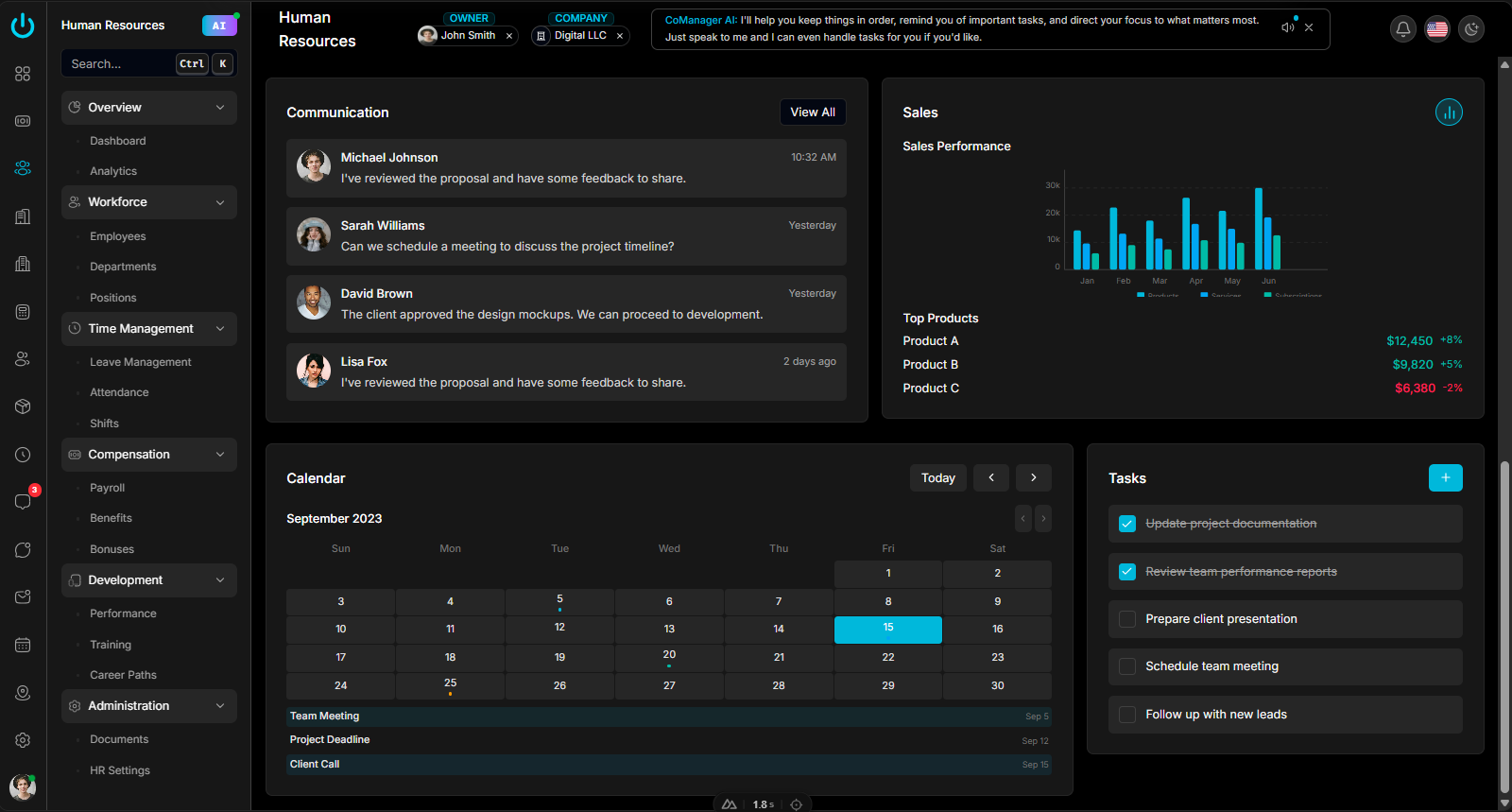 CoManager dashboard screenshot lightmode